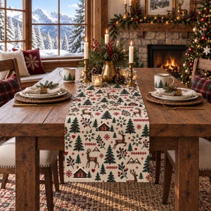 May include: A rectangular table runner featuring a repeating pattern of green pine trees, brown deer, small red cabins, red berries, and white snowflakes on a cream-colored fabric base, centered on a wooden dining table with place settings.