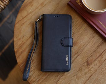 Personalized Samsung Phone Case Galaxy S23 S24 S25 Plus Ultra, PU Leather Phone Case with Card Holder , Engraving Initials Name Zodiac