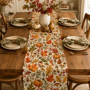 Autumn Woodland Table Runner, Pumpkin Mushroom Maple Leaf Decor for Round Rectangle Square Tables, 13/16 Inch Wide