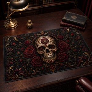 Vegan Leather Desk Mat, Gothic Skull Mat, Dark Rose Floral Mouse Pad, Baroque Keyboard Mat, Macabre Office Decor, Goth Gift for Her