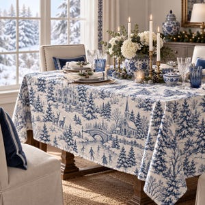May include: A rectangular tablecloth featuring a blue and white toile de jouy pattern depicting a winter landscape with a church, a stone bridge, pine trees, and figures ice skating. The fabric covers a dining table set with white plates and napkins.