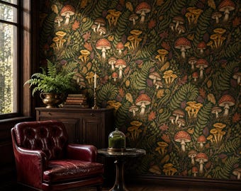 Donkere paddenstoelen zelfklevende behang, vintage bosvaren- en paddenstoelenpatroon voor slaapkamer, woonkamer, studeerkamer of leeshoek.