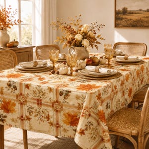 May include: A rectangular dining table covered with a cream-colored tablecloth featuring a repeating pattern of orange and brown autumn leaves, acorns, and plaid grid lines. The table is set with white plates, amber glasses, and napkins.