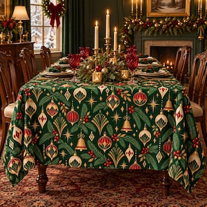 May include: A dark green rectangular tablecloth featuring a repeating pattern of gold, red, and white Christmas ornaments, pine branches, and bells. The fabric is draped over a dining table set with plates, red glasses, and a central candle centrepiece.