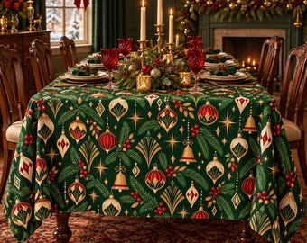 Könnte beinhalten: Eine dunkelgrüne, rechteckige Tischdecke mit einem wiederkehrenden Muster aus goldenen, roten und weißen Weihnachtskugeln, Tannenzweigen und Glocken. Der Stoff liegt auf einem Esstisch, der mit Tellern, roten Gläsern und einem Kerzengesteck gedeckt ist.