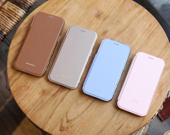 Personalized Samsung Phone Case Galaxy S26 S25 S24 S23 with Wireless Charging, PU Leather Phone Case with Card Holder, Engraving Name Zodiac