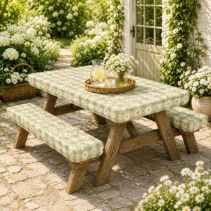Daisy Picnic Table Cover Set, Floral Cottage Fitted Table Cover + 2 Bench Covers, Outdoor Fabric Patio Picnic Decor, 4FT 6FT 8FT