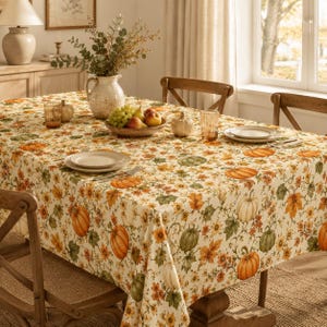 May include: A rectangular tablecloth featuring a repeating pattern of orange pumpkins, green leaves, and yellow flowers on a cream background. The fabric covers a wooden dining table set with white plates, glassware, and a bowl of fruit.