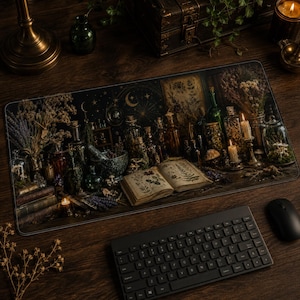 Tapis de bureau en cuir végan, tapis de souris « Salle des potions de sorcière », tapis de clavier « Dark Academia », décoration « Apothicaire alchimiste », ensemble de bureau « Grimoire magique ».