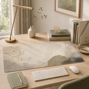 Schreibtischunterlage aus veganem Leder, Japandi-Aquarell-Landschafts-Mauspad, Zen-Berg-Tastaturunterlage, neutrale beige Schreibtischdekoration, Wabi-Sabi-Bürogeschenk