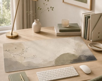Schreibtischunterlage aus veganem Leder, Japandi-Aquarell-Landschafts-Mauspad, Zen-Berg-Tastaturunterlage, neutrale beige Schreibtischdekoration, Wabi-Sabi-Bürogeschenk