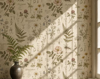 Op de afbeelding: Behang met een botanische print met illustraties van diverse bloemen, varens en planten in gedempte groen-, roze- en geeltinten op een crèmekleurige achtergrond, vergezeld van wetenschappelijke labels en tekst, met een donkere vaas op een houten oppervlak.
