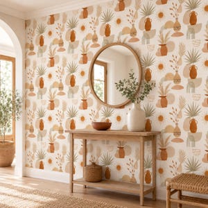 Boho Terracotta Pottery Peel and Stick Wallpaper, Clay Vase Wall Decor, Neutral Abstract Geometry Nursery Living Room Cabinet Makeover