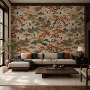 May include: Wallpaper featuring a repeating pattern of white cranes, orange maple trees, and dark pagodas against a beige background. The design includes stylized blue mountains and clouds, creating a detailed landscape scene on the wall.