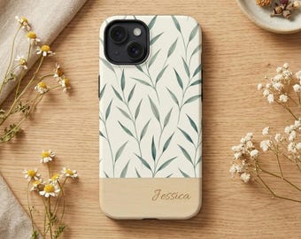 Funda personalizada para iPhone 17/16/15/14/13/12/11 con MagSafe, nombre e iniciales personalizados, fina, mate o brillante, hojas verdes