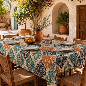Mediterranean Tile Tablecloth, Moroccan Floral Table Cover, Boho Blue Dining Decor, Vintage Geometric Table Linen, Round Rectangle Square