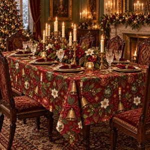 Puede incluir: Una mesa de comedor rectangular cubierta con un mantel rojo que presenta un patrón festivo de campanas doradas, adornos, flores de pascua y ramas de pino. La mesa está dispuesta con copas de cristal, platos y un centro de mesa.