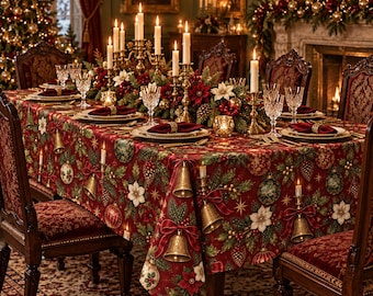 Op de afbeelding: Een rechthoekige eettafel bedekt met een rood tafelkleed met een feestelijk patroon van gouden bellen, ornamenten, kerststerren en dennentakken. De tafel is gedekt met kristallen glazen, borden en een middelpunt van kaarsen en groen.