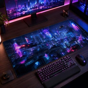 Tapete de mesa em couro vegano, paisagem urbana cyberpunk, mousepad neon de ficção científica, tapete futurista para teclado gamer, tapete vaporwave, presente gamer para ele.