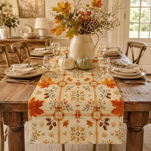 Chemin de table « Glands d'érable d'automne », style patchwork vintage, décor automnal pour tables rondes, rectangulaires et carrées, 2,1 cm de large