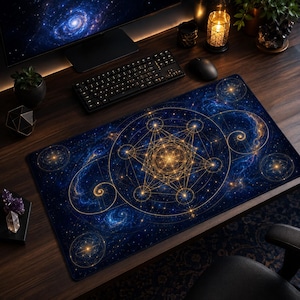 Op de afbeelding: Een rechthoekige bureaumat met een diepblauwe kosmische nevelachtergrond en ingewikkelde gouden geometrische patronen, waaronder een centrale Metatron-kubus, onderling verbonden cirkels en spiraalvormige ontwerpen over het hele oppervlak.