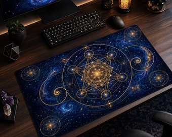 Tapis de bureau en cuir végan, Géométrie sacrée, Tapis de souris Cube de Métatron cosmique, Tapis de clavier Fleur de Vie dorée, Décoration spirituelle pour gamers