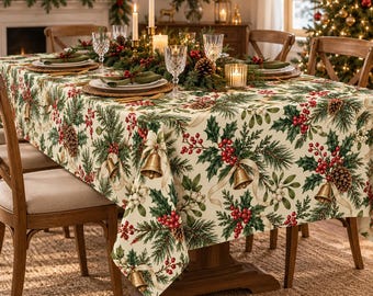 Peut inclure: Une nappe rectangulaire au fond crème ornée d'un motif festif composé de branches de pin vertes, de baies de houx rouges, de pommes de pin brunes et de cloches dorées nouées par des rubans. Le tissu recouvre une table de salle à manger.