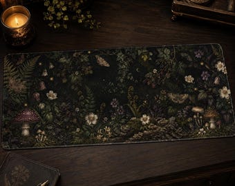 Vegan Leather Desk Mat, Dark Botanical, Goblincore Mushroom Mouse Pad, Dark Academia Keyboard Mat, Cottagecore Decor, Vintage Floral