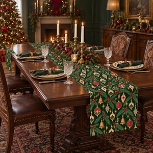 May include: A dark green table runner featuring a repeating pattern of gold and red Christmas ornaments, bells, and pine branches. The runner is laid across a wooden dining table set with white plates, dark green napkins, and crystal glassware.