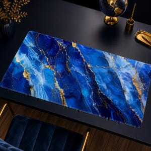 Vegan Leather Desk Mat, Royal Blue Gold Marble Mouse Pad, Luxury Agate Keyboard Pad, Abstract Art Desk Decor, Aesthetic Office Gift
