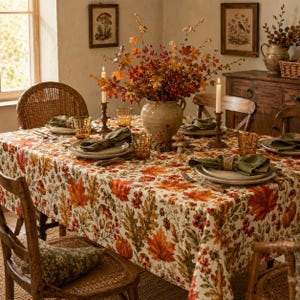 May include: A dining table set for a meal, featuring a cream-colored tablecloth with a vibrant autumn leaf and berry pattern. The table includes ceramic plates, olive green cloth napkins, amber glassware, and a central vase with fall foliage.