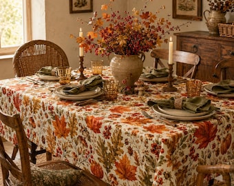 Autumn Woodland Tablecloth, Pumpkin Mushroom Maple Leaf Decor, Thanksgiving Farmhouse Table Cover, Round Rectangle Square