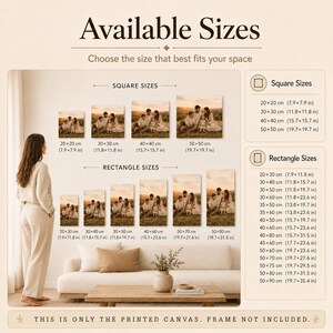 May include: A size guide for printed canvas wall art displaying square and rectangular options with dimensions in cm and inches. The graphic shows various canvas sizes featuring a family portrait, with a list of available dimensions provided.