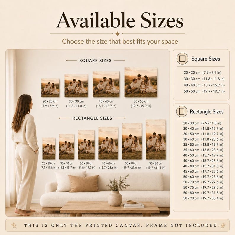 May include: A size guide for printed canvas wall art displaying square and rectangular options with dimensions in cm and inches. The graphic shows various canvas sizes featuring a family portrait, with a list of available dimensions provided.