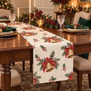 Christmas Bell Table Runner, Holiday Botanical Table Decor,Red Bow Pine Branch Table Runner, Elegant Traditional Christmas Dining Runner
