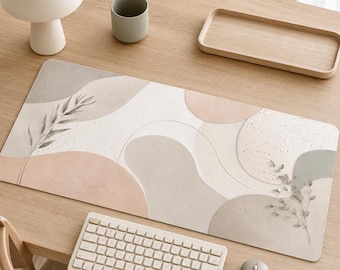 Tapis de bureau en cuir végan, tapis de souris bohème neutre, tapis de clavier abstrait crème, décoration de bureau aux formes organiques, accessoire de bureau minimaliste