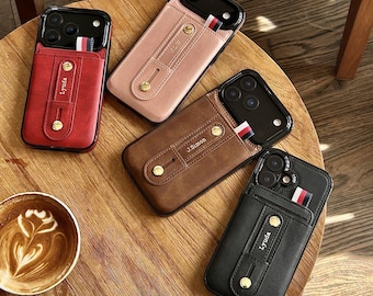 Personalized Samsung Phone Case, PU Leather Galaxy S22 S23 S24 Case with Card Holder and Finger Strap, Customized Initials Name Engraving
