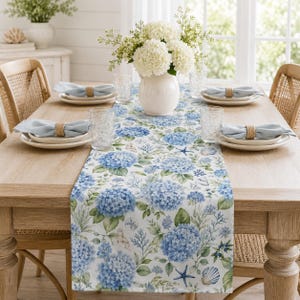 Tafelloper met blauwe hortensia's en kustmotief, bloemendecoratie in strandhuisstijl voor ronde, rechthoekige en vierkante tafels, 34,5 cm breed