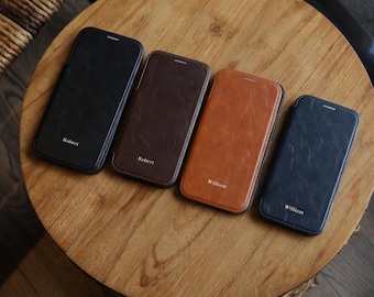 Personalized Samsung Phone Case Galaxy S26 S25 S24 S23 with Wireless Charging, PU Leather Phone Case with Card Holder, Engraving Name Zodiac