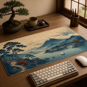 Peut inclure: Un tapis de bureau rectangulaire présentant une illustration paysagère détaillée du mont Fuji, d'un lac calme, de pins et d'un petit bateau. L'œuvre utilise une palette de tons bleus, crème et rouges sourds, représentant une scène sereine.