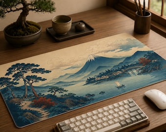 Tapis de bureau en cuir végan, tapis de souris Ukiyo-e Mont Fuji, tapis de clavier style art japonais vintage, décoration de bureau zen, cadeau esthétique asiatique rétro