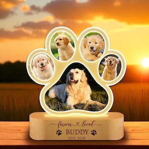 Custom Pet Night Light – Personalized Dog or Cat Memorial Lamp with Photos & Name – Pet Loss Gift, LED Paw Print with Wood Base