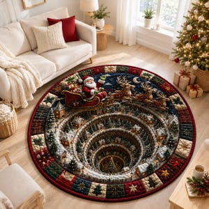 May include: A round area rug featuring a 3D-style optical illusion of a deep, spiraling winter village with snow-covered houses and pine trees. Santa Claus in a sleigh pulled by reindeer flies above the scene, framed by a patchwork border.