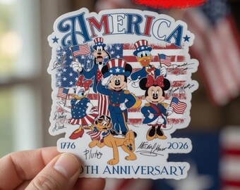 Mickey Friends USA Flag Sticker, America 250th Anniversary Vinyl Decal, Disney Patriotic 4th of July Waterproof Laptop Sticker