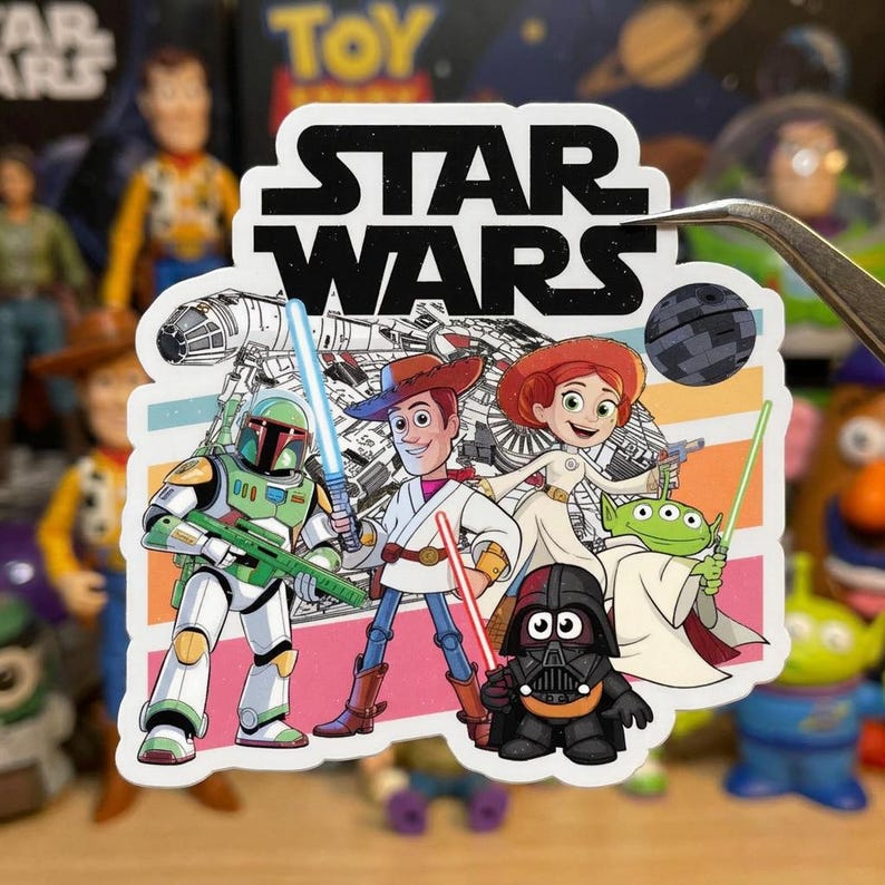 Puede incluir: Una colorida pegatina con personajes de Star Wars y Toy Story. La pegatina incluye a Boba Fett, Woody, Jessie, Darth Vader y otros personajes. El logotipo de Star Wars est&aacute; en la parte superior. El fondo tiene un dise&ntilde;o a rayas.