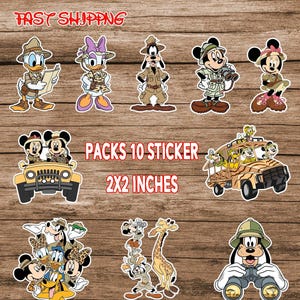 May include: A collection of ten Disney character stickers featuring Mickey, Minnie, Donald, Daisy, and Goofy dressed in safari gear. The stickers include individual characters, characters in a jeep, a safari bus, and a giraffe, measuring 2x2 inches.
