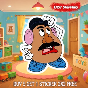 May include: A die-cut sticker featuring a cartoon potato character with a black hat, pink ears, a brown nose, a black mustache, and blue shoes. The character has white gloved hands and is looking upward. The sticker measures 2x2 inches.