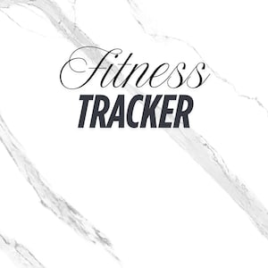 May include: A fitness tracker design with a white marble effect background. The words "Fitness TRACKER" are in black, with "Fitness" in a cursive font. Below, the words "FITNESS - NUTRITION - MOTIVATION" and "GRIND.EAT.REPEAT" are in a smaller font.