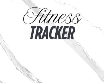 May include: A fitness tracker with a white marble background. The words "Fitness TRACKER" are in black, with "Fitness" in a cursive font. Below, the words "FITNESS - NUTRITION - MOTIVATION" and "GRIND.EAT.REPEAT" are in a smaller font.