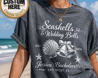 Personalized Seashells And Wedding Bells Shirt, Custom Beach Bachelorette Tee, Coastal Bach Club Gifts, Matching Bride Squad Photo Garment